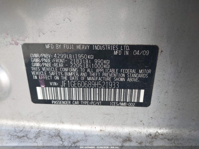 Aukcja sprzedaży 2009 Subaru Impreza 2.5i, vin: JF1GE60689H521933, numer aukcji: 44294868