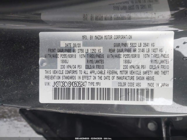 2021 Mazda Cx-9 Touring მანქანა იყიდება აუქციონზე, vin: JM3TCBCY6M0505247, აუქციონის ნომერი: 44294930