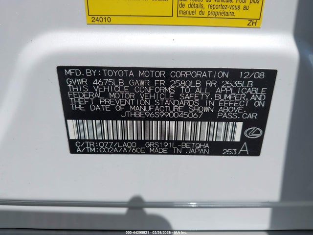 44295021 :رقم المزاد ، JTHBE96S990045067 vin ، 2009 Lexus Gs 350 مزاد بيع