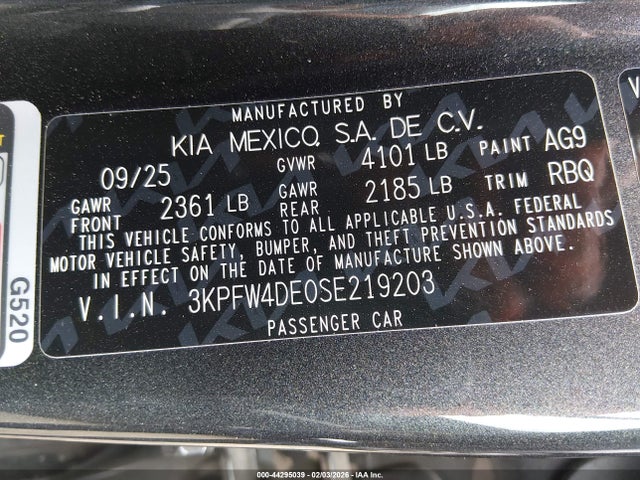 Aukcja sprzedaży 2025 Kia K4 Gt-line, vin: 3KPFW4DE0SE219203, numer aukcji: 44295039