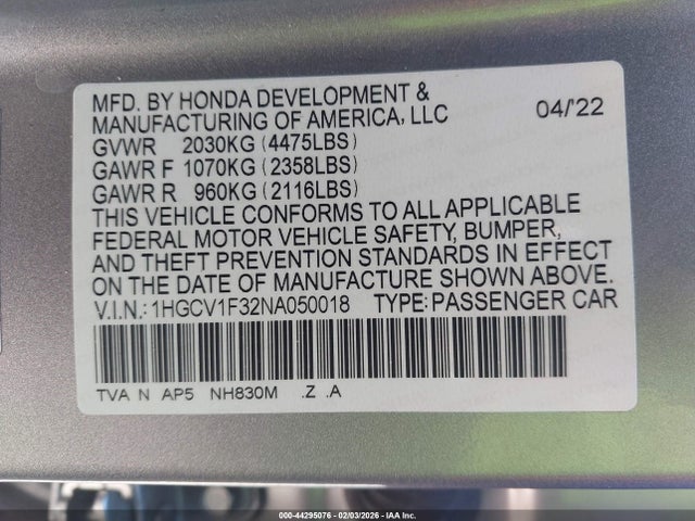 1HGCV1F32NA050018 Honda Accord Sport