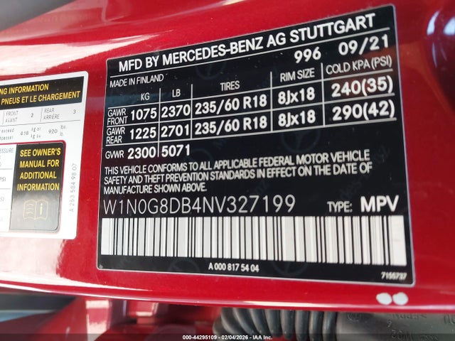 Aukcja sprzedaży 2022 Mercedes-benz Glc 300 Suv, vin: W1N0G8DB4NV327199, numer aukcji: 44295109