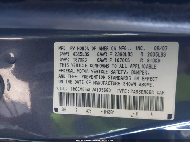 2007 Honda Accord 3.0 Se მანქანა იყიდება აუქციონზე, vin: 1HGCM66407A105660, აუქციონის ნომერი: 44295189
