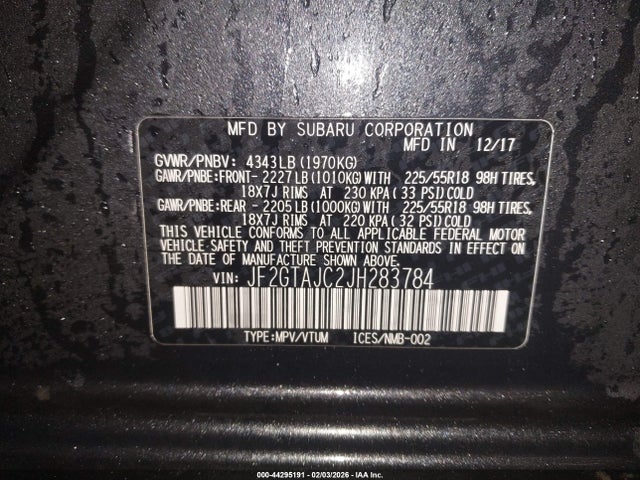 44295191 :رقم المزاد ، JF2GTAJC2JH283784 vin ، 2018 Subaru Crosstrek 2.0i Limited مزاد بيع