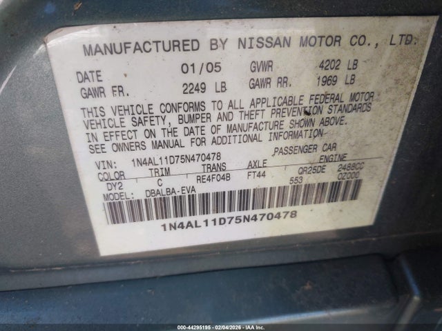 2005 Nissan Altima 2.5 S მანქანა იყიდება აუქციონზე, vin: 1N4AL11D75N470478, აუქციონის ნომერი: 44295195