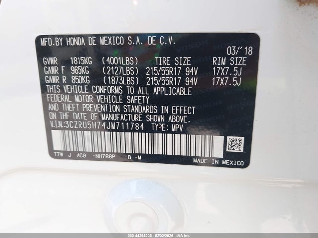 44295205 :رقم المزاد ، 3CZRU5H74JM711784 vin ، 2018 Honda Hr-v Ex-l مزاد بيع