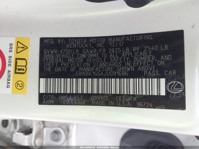 Aukcja sprzedaży 2018 Lexus Es 350, vin: 58ABK1GG4JU091686, numer aukcji: 44295230