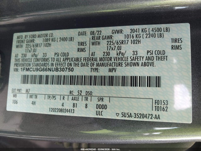 1FMCU9G66NUB30750 Ford ESCAPE SE