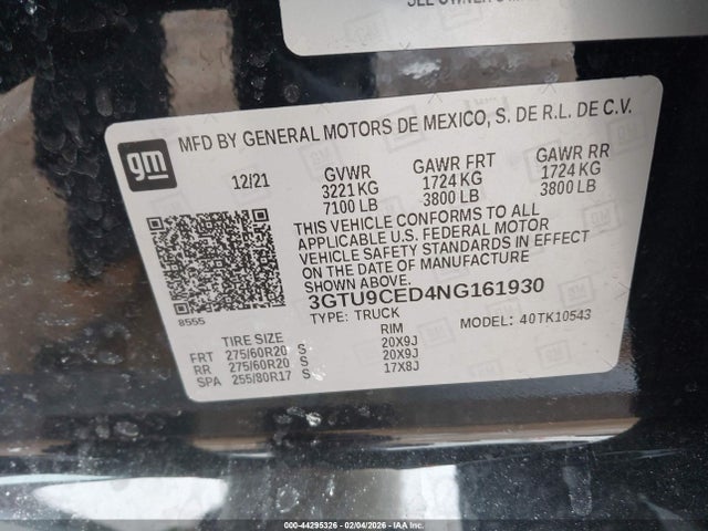 44295326 :رقم المزاد ، 3GTU9CED4NG161930 vin ، 2022 Gmc Sierra 1500 Limited 4wd  Short Box Elevation مزاد بيع