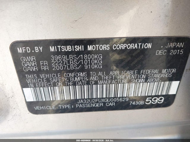 44295408 :رقم المزاد ، JA32U2FUXGU005629 vin ، 2016 Mitsubishi Lancer Es مزاد بيع
