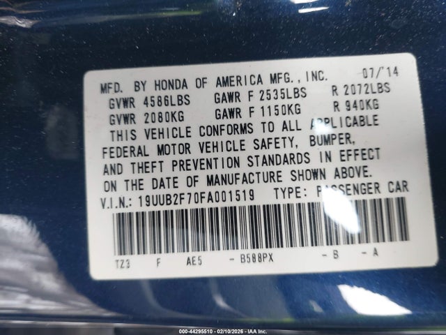 44295510 :رقم المزاد ، 19UUB2F70FA001519 vin ، 2015 Acura Tlx V6 Advance مزاد بيع