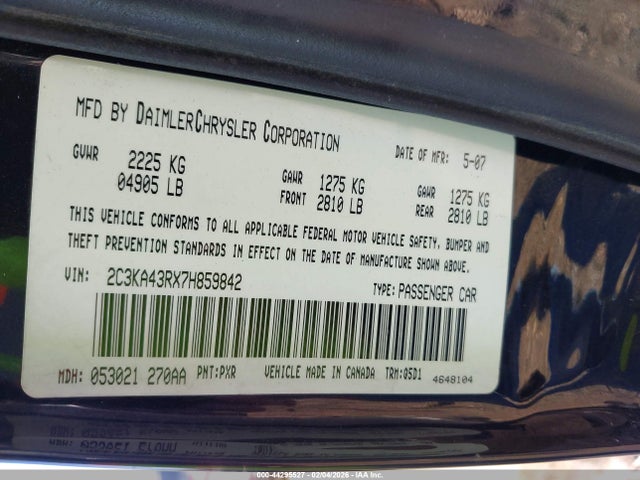 44295527 :رقم المزاد ، 2C3KA43RX7H859842 vin ، 2007 Chrysler 300 مزاد بيع