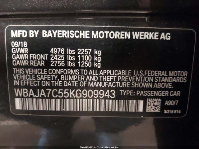 2019 Bmw 530i Xdrive მანქანა იყიდება აუქციონზე, vin: WBAJA7C55KG909943, აუქციონის ნომერი: 44295631
