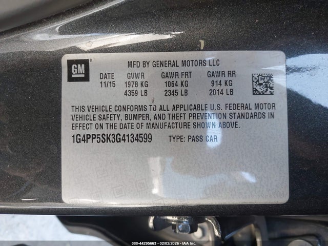 44295663 :رقم المزاد ، 1G4PP5SK3G4134599 vin ، 2016 Buick Verano مزاد بيع