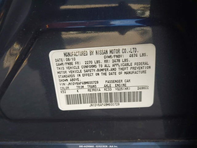 Aukcja sprzedaży 2011 Infiniti G25, vin: JN1DV6AP4BM600729, numer aukcji: 44295665