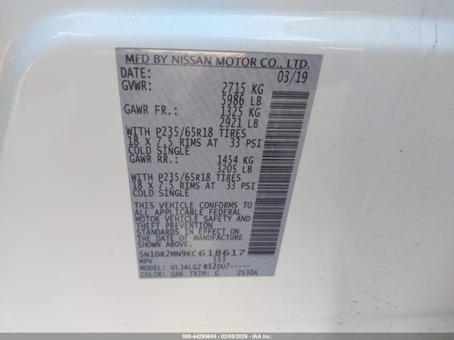 Aukcja sprzedaży 2019 Nissan Pathfinder Sl, vin: 5N1DR2MN9KC618617, numer aukcji: 44295684
