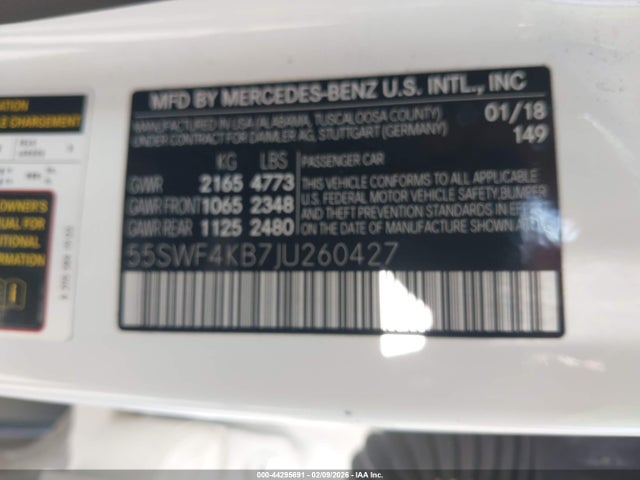 44295691 :رقم المزاد ، 55SWF4KB7JU260427 vin ، 2018 Mercedes-benz C 300 4matic مزاد بيع