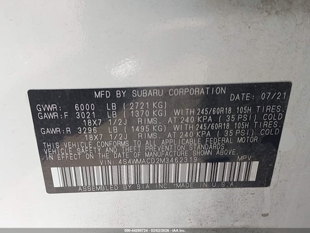 44295724 :رقم المزاد ، 4S4WMACD2M3462319 vin ، 2021 Subaru Ascent Premium مزاد بيع