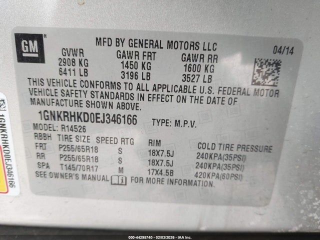 1GNKRHKD0EJ346166 Chevrolet Traverse 2lt