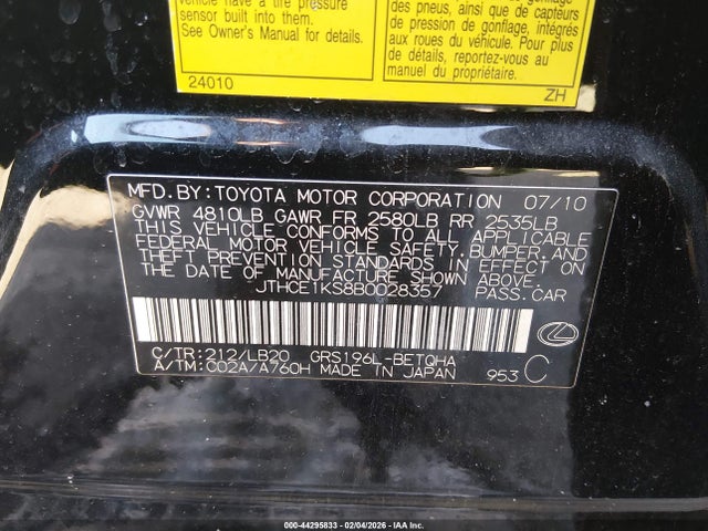 Продажа на аукционе авто 2011 Lexus Gs 350, vin: JTHCE1KS8B0028357, номер лота: 44295833