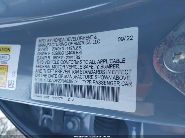 2022 HONDA ACCORD HYBRID 1HGCV3F20NA038727 Photo 8
