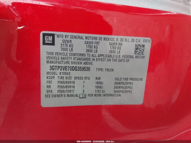 44295895 :رقم المزاد ، 3GTP2VE70DG359636 vin ، 2013 Gmc Sierra 1500 Sle مزاد بيع