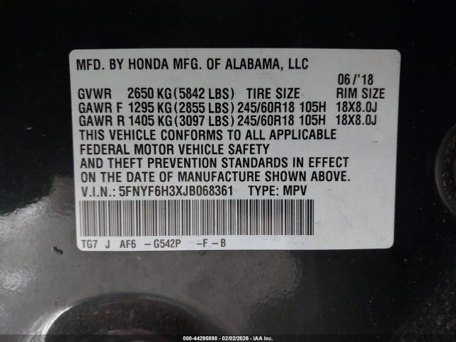 5FNYF6H3XJB068361 Honda Pilot Ex