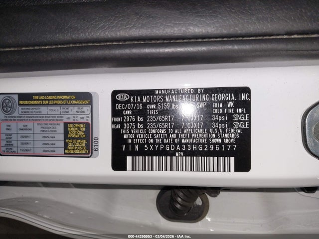 Aukcja sprzedaży 2017 Kia Sorento 2.4l Lx, vin: 5XYPGDA33HG296177, numer aukcji: 44295953