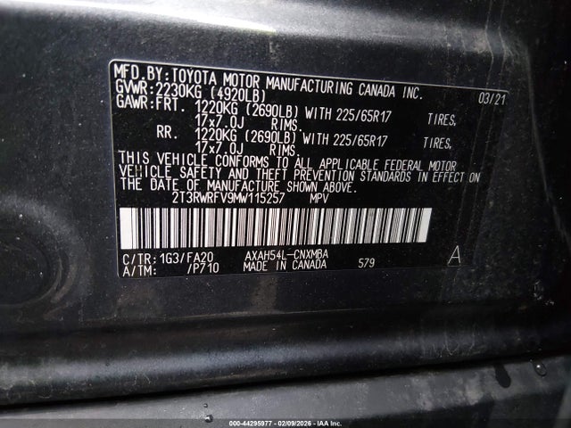 2T3RWRFV9MW115257 Toyota Rav4 Hybrid Xle