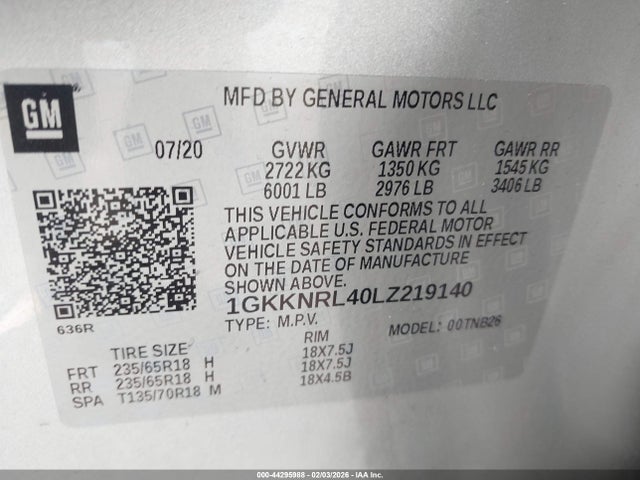 1GKKNRL40LZ219140 GMC Acadia Fwd Sle