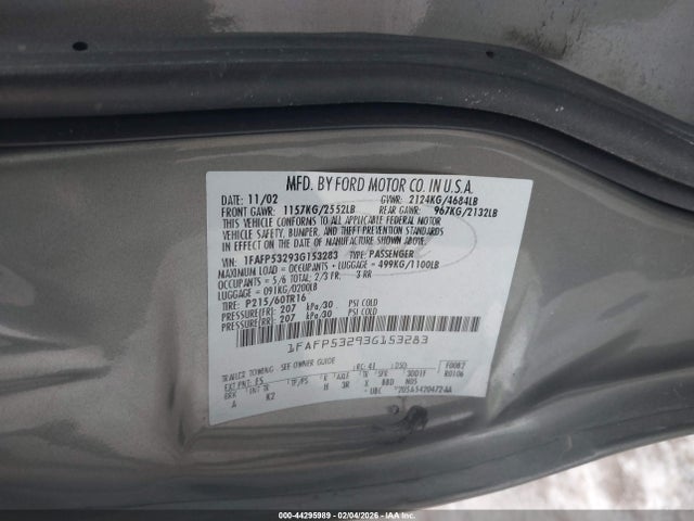 2003 Ford Taurus Se მანქანა იყიდება აუქციონზე, vin: 1FAFP53293G153283, აუქციონის ნომერი: 44295989