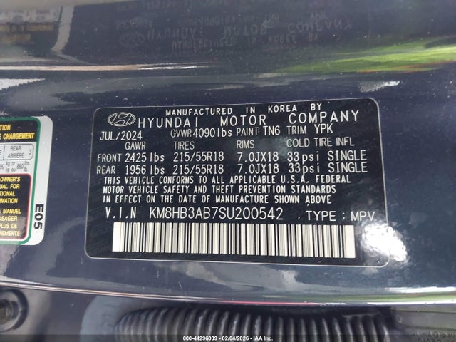 2025 Hyundai Kona Sel მანქანა იყიდება აუქციონზე, vin: KM8HB3AB7SU200542, აუქციონის ნომერი: 44296009