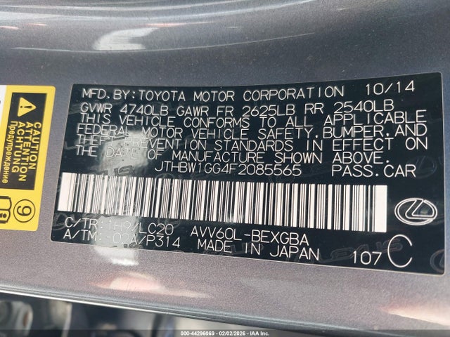 44296069 :رقم المزاد ، JTHBW1GG4F2085565 vin ، 2015 Lexus Es 300h مزاد بيع