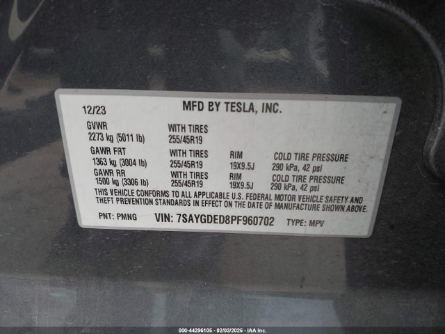 2023 Tesla Model Y Rwd მანქანა იყიდება აუქციონზე, vin: 7SAYGDED8PF960702, აუქციონის ნომერი: 44296105