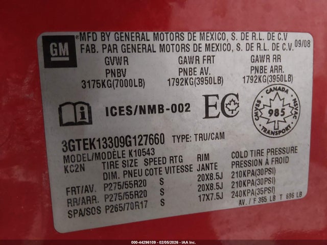 2009 Gmc Sierra 1500 Work Truck მანქანა იყიდება აუქციონზე, vin: 3GTEK13309G127660, აუქციონის ნომერი: 44296109