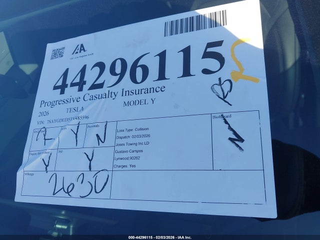 2026 Tesla Model Y Premium Rear-wheel Drive/standard Rear-wheel Drive მანქანა იყიდება აუქციონზე, vin: 7SAYGDED5TA485596, აუქციონის ნომერი: 44296115