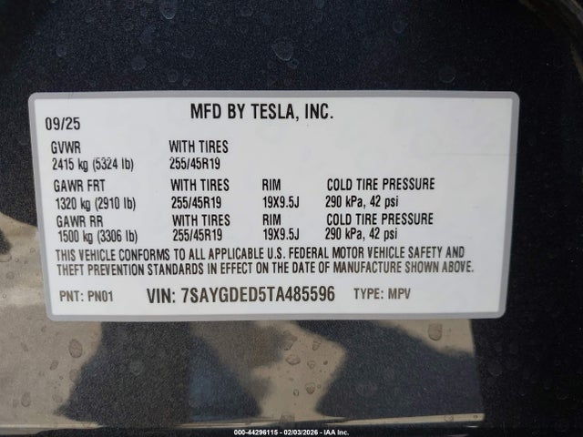 2026 Tesla Model Y Premium Rear-wheel Drive/standard Rear-wheel Drive მანქანა იყიდება აუქციონზე, vin: 7SAYGDED5TA485596, აუქციონის ნომერი: 44296115