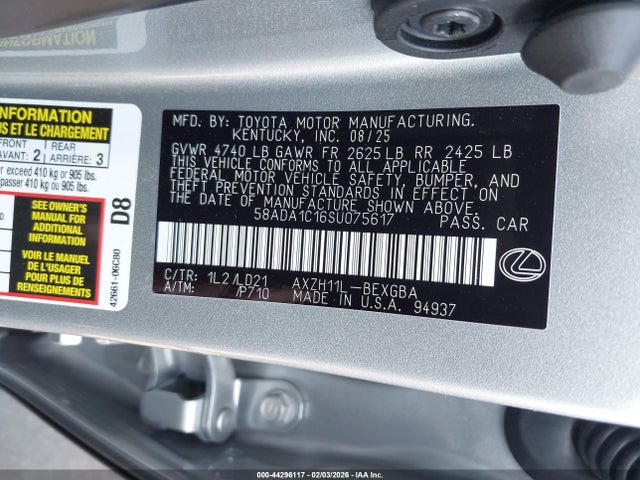 Продажа на аукционе авто 2025 Lexus Es 300h, vin: 58ADA1C16SU075617, номер лота: 44296117