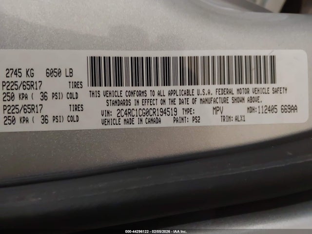 44296122 :رقم المزاد ، 2C4RC1CG0CR194519 vin ، 2012 Chrysler Town & Country Touring-l مزاد بيع