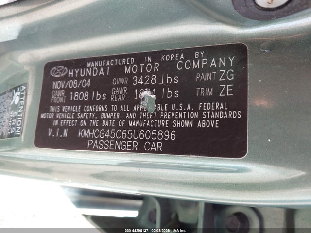 44296137 :رقم المزاد ، KMHCG45C65U605896 vin ، 2005 Hyundai Accent Gls مزاد بيع