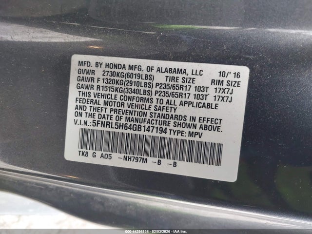 5FNRL5H64GB147194 Honda Odyssey Ex-l