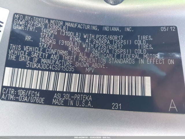 44296181 :رقم المزاد ، 5TDKA3DC4CS015095 vin ، 2012 Toyota Sienna Le 8 Passenger مزاد بيع