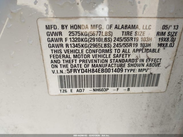 44296183 :رقم المزاد ، 5FRYD4H84EB001409 vin ، 2014 Acura Mdx Advance Pkg W/entertainment Pkg مزاد بيع