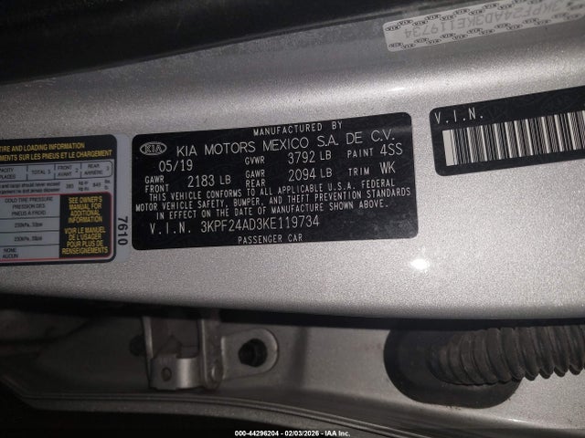 Aukcja sprzedaży 2019 Kia Forte Lxs, vin: 3KPF24AD3KE119734, numer aukcji: 44296204