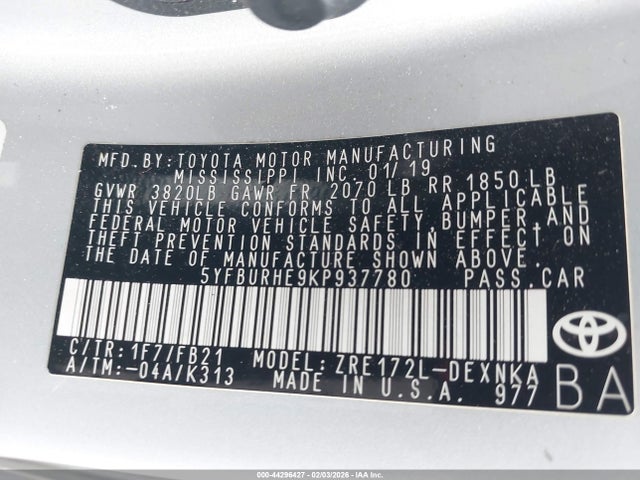 5YFBURHE9KP937780 Toyota COROLLA LE