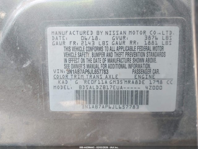 3N1AB7AP6JL657783 Nissan SENTRA SV