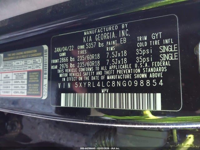 5XYRL4LC8NG098854 KIA SORENTO S