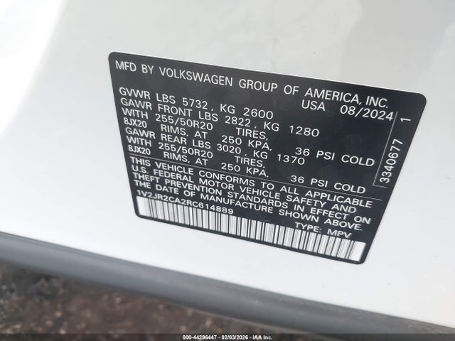 2024 Volkswagen Atlas 2.0t Se W/technology მანქანა იყიდება აუქციონზე, vin: 1V2JR2CA2RC614889, აუქციონის ნომერი: 44296447