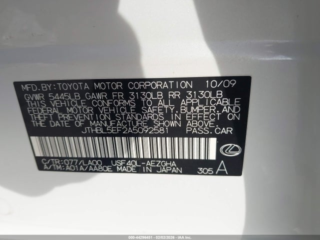 Aukcja sprzedaży 2010 Lexus Ls 460, vin: JTHBL5EF2A5092581, numer aukcji: 44296451