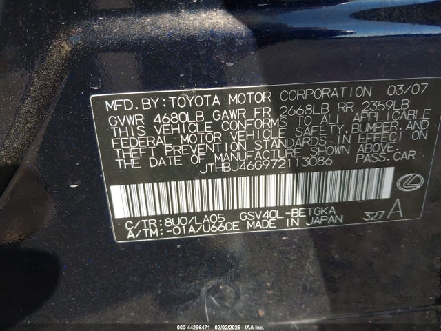 Продажа на аукционе авто 2007 Lexus Es 350, vin: JTHBJ46G972113086, номер лота: 44296471